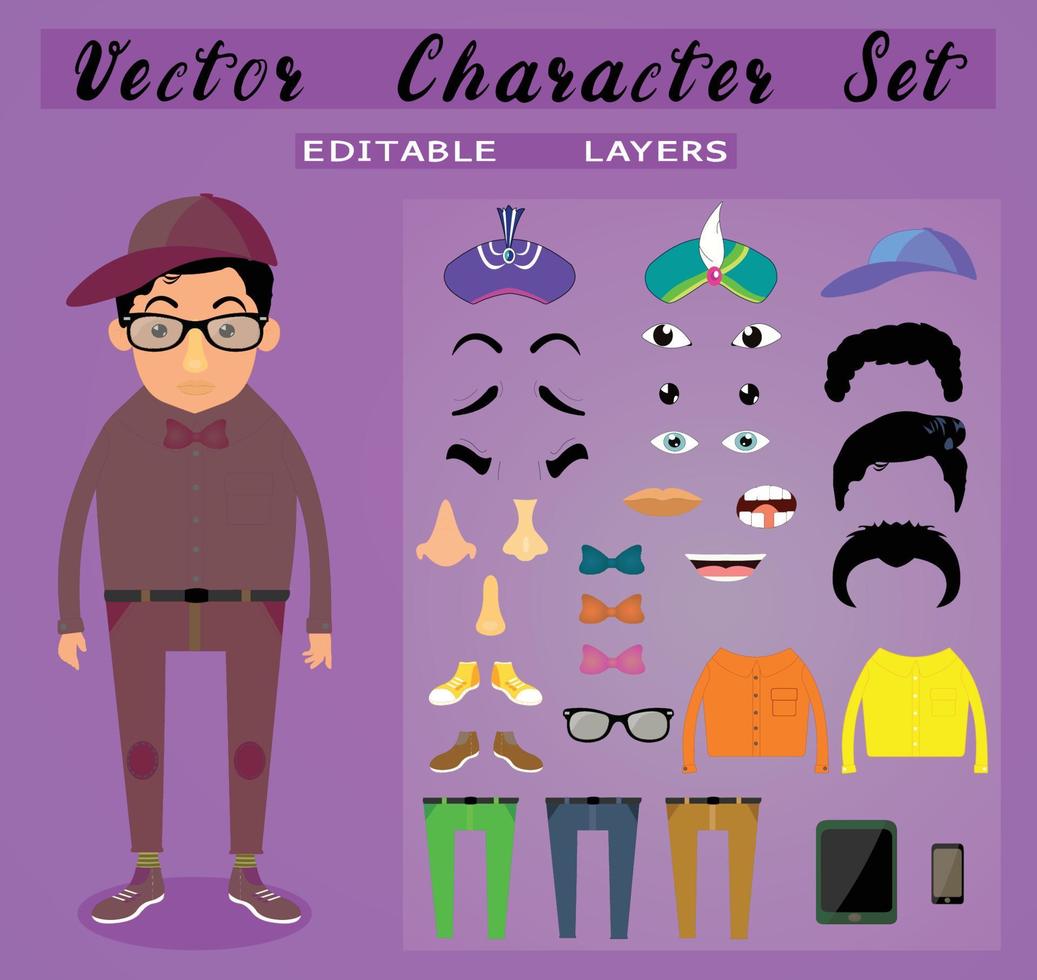 Front view animated characters. Male Students creation set with various hairstyles, face emotions, legs, eye brow , nose, and gestures. Cartoon style, flat vector illustration.