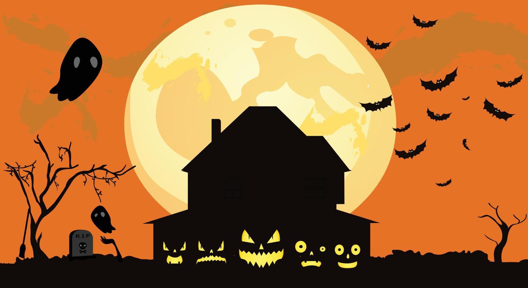 Halloween field background with pumpkins, Happy Halloween orange horror night with full Moon, illustration. vector