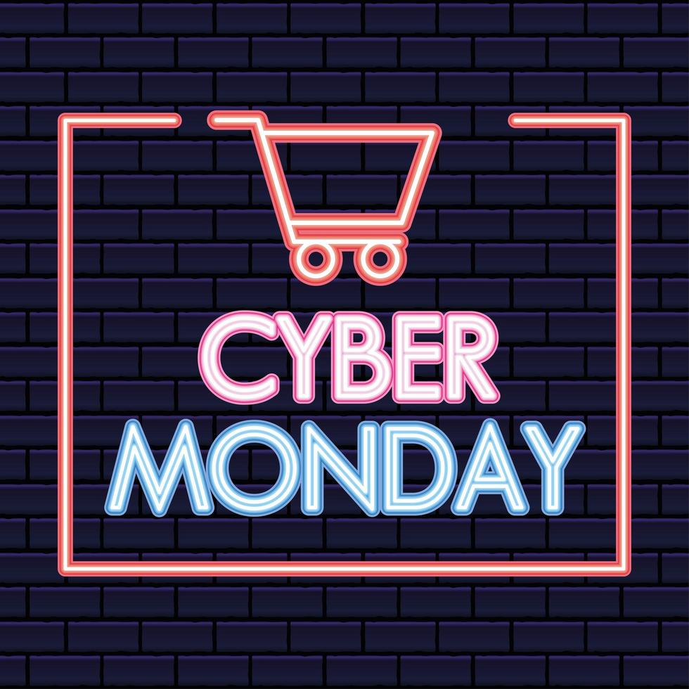 cyber monday lettering with a shopping car vector