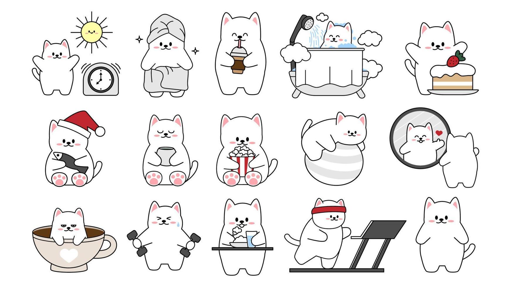 colección de diferentes gatitos lindos sobre un fondo blanco. Conjunto kawaii de diseño de personajes de animales divertidos en estilo de dibujos animados. gato mascota. pegatinas de bebé. ilustración vectorial. vector