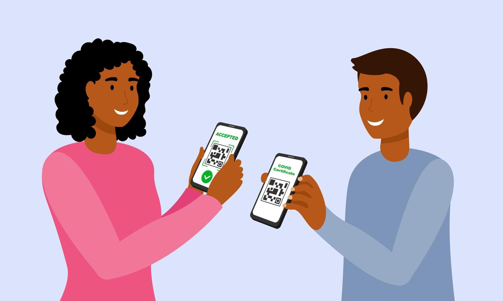personas negras escaneando el código qr en la pantalla de un teléfono inteligente certificado covid. en la segunda pantalla, el icono de marca de verificación verde, aceptado vector
