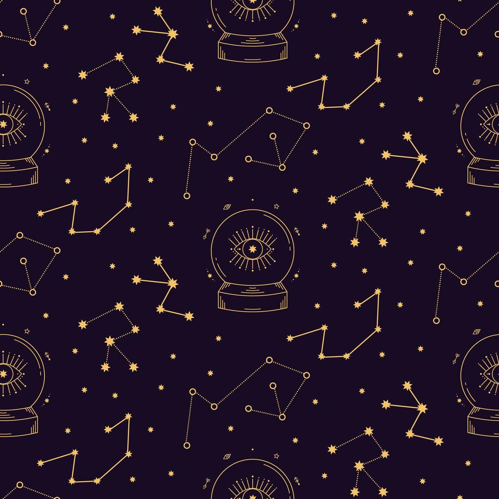 Celestial tarot astrological golden seamless pattern on dark background vector