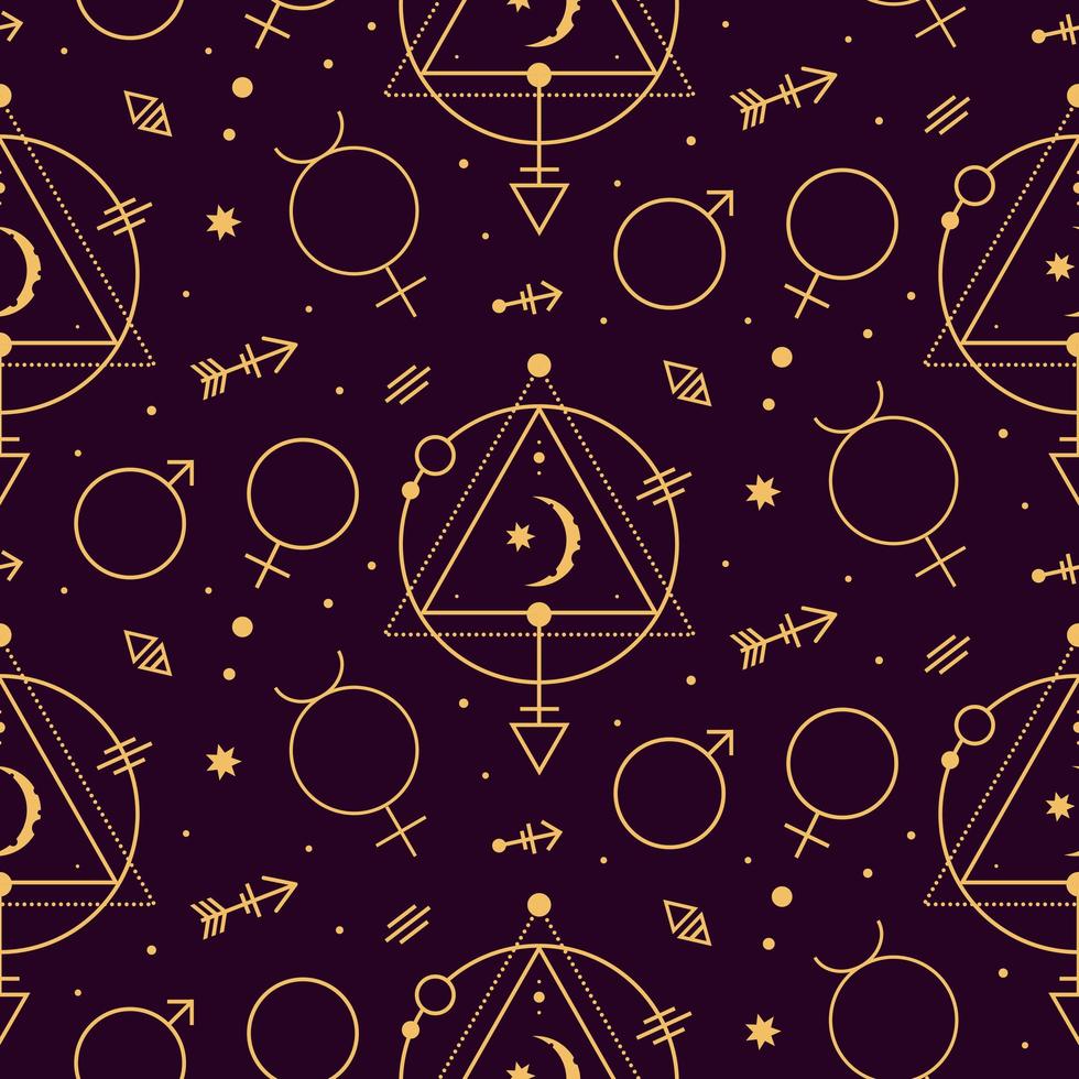 Celestial tarot astrological golden seamless pattern on dark background vector