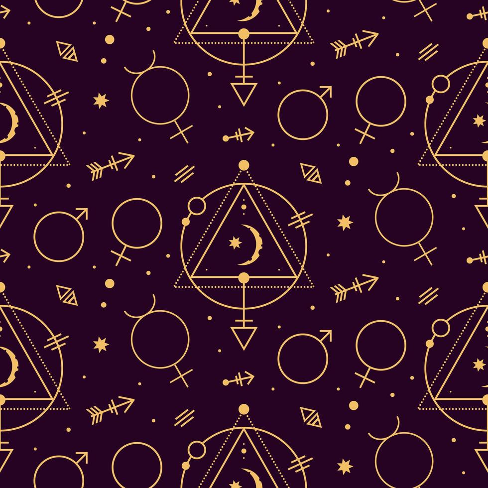 Celestial tarot astrological golden seamless pattern on dark background vector