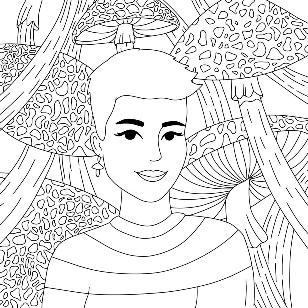 Girl with Mushrooms doodle coloring page vector