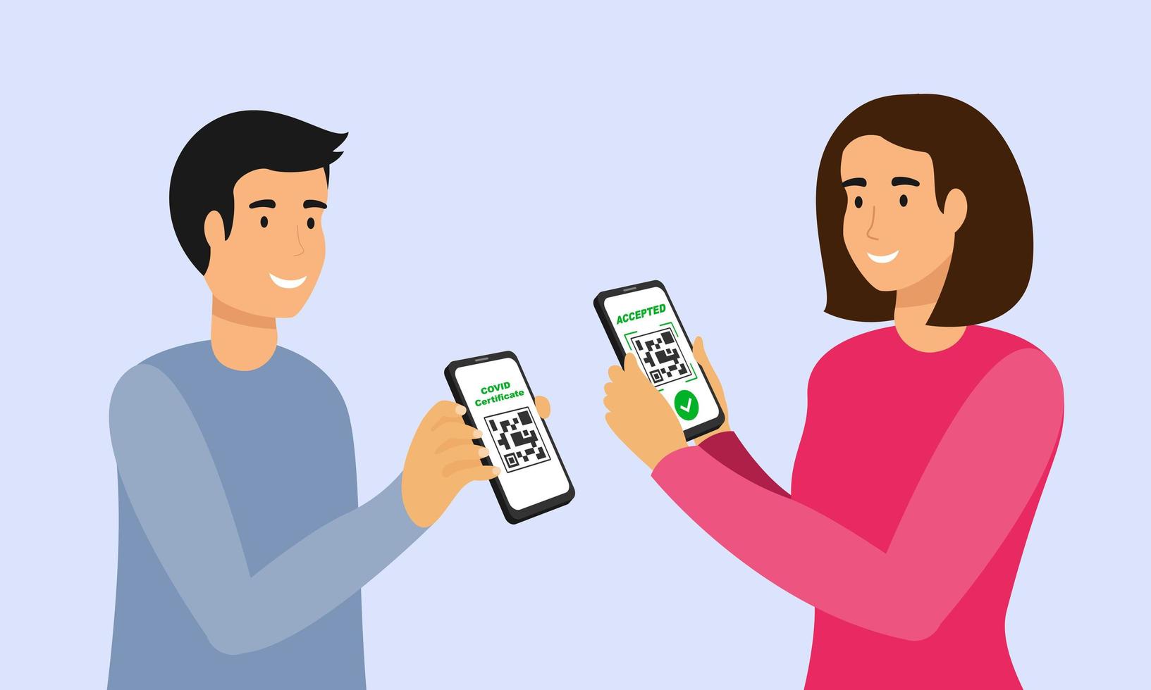 People scanning QR code on a smartphone screen covid certificate. On the second display, the green check mark icon, accepted vector