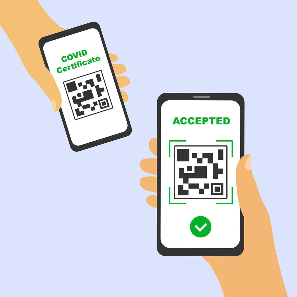 Scanning QR code on a smartphone screen of a covid certificate. On the second display, the green check mark icon, accepted vector