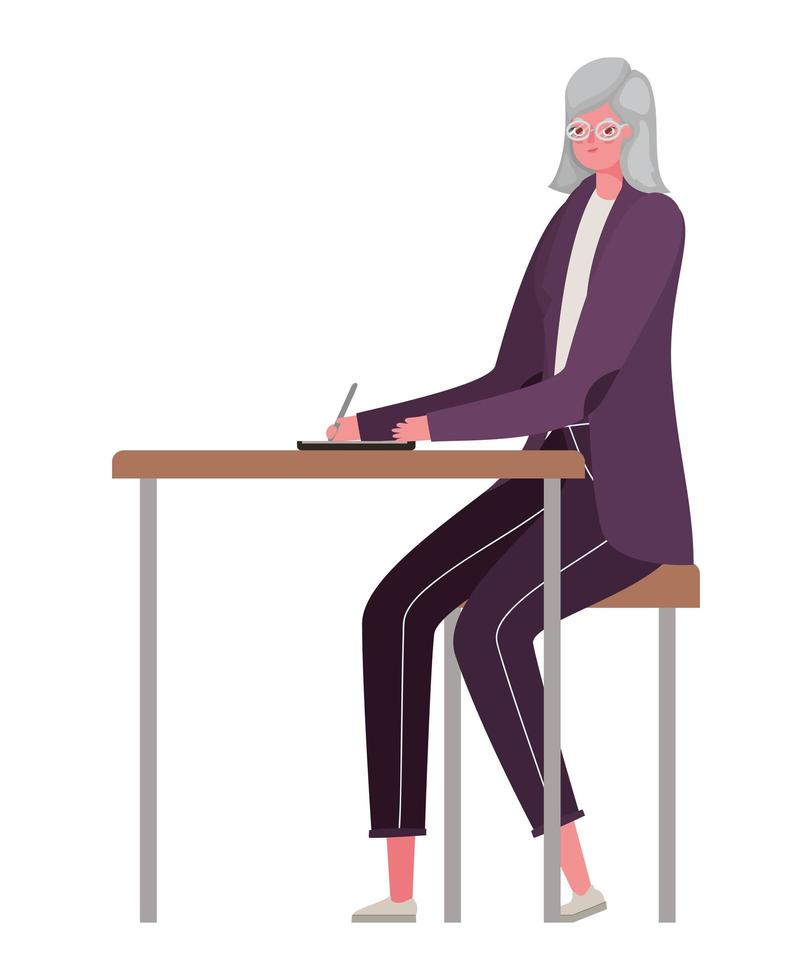 Senior woman cartoon at desk vector design