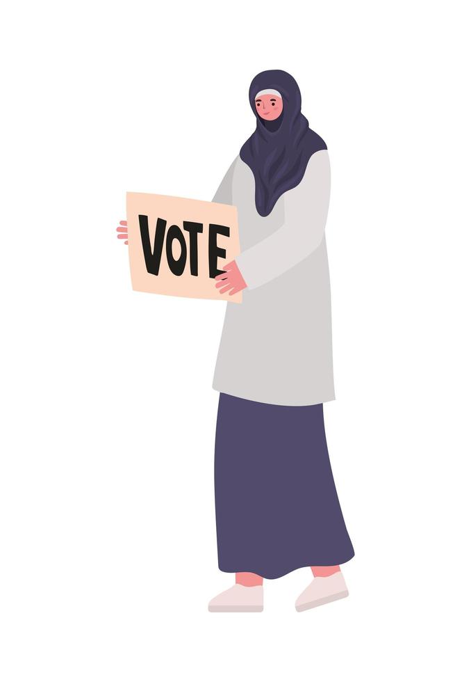 mujer vestida con hijab oscuro con un cartel de votación vector