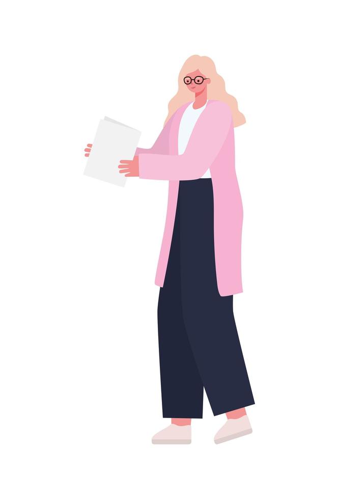 mujer con cabello amarillo, un abrigo rosa y un papel vector