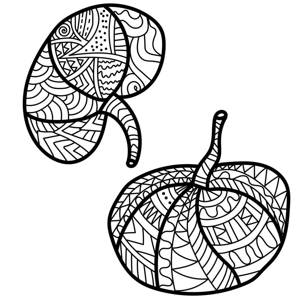 dos pequeñas calabazas con patrones de fantasía, página para colorear ornamentada para acción de gracias o halloween vector