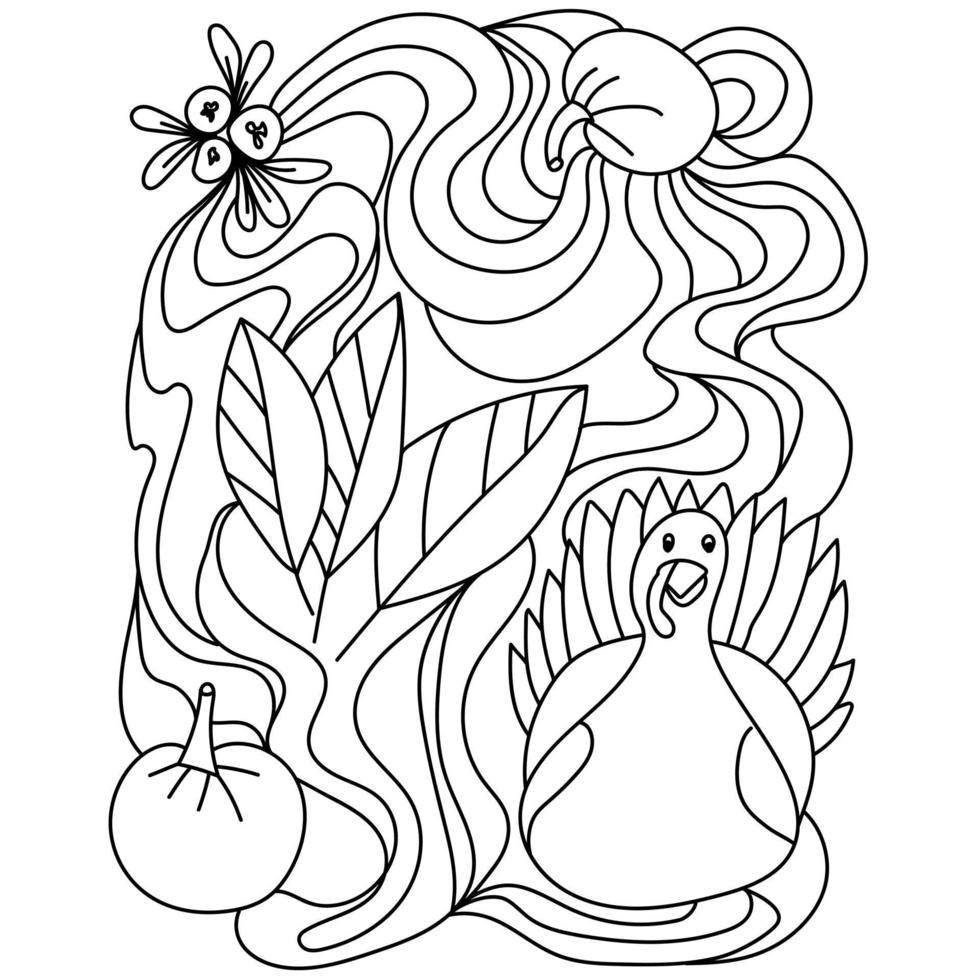 Página para colorear de acción de gracias, pavo, arándanos y calabazas con patrones ornamentados vector