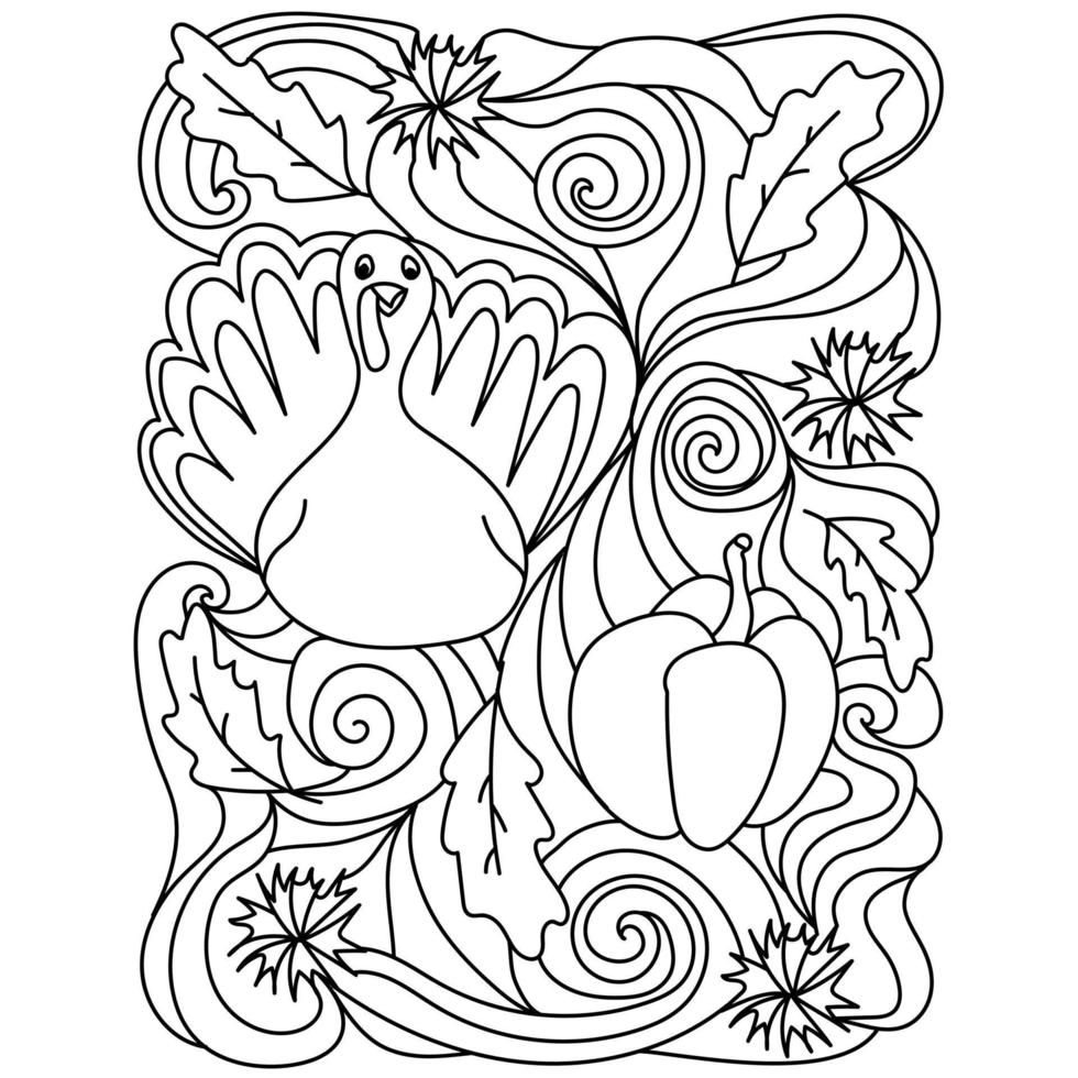 Página para colorear de acción de gracias, pavo, calabaza y crisantemos con patrones ornamentados vector