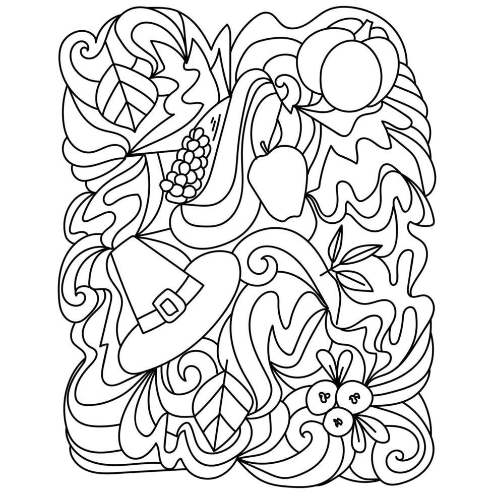 Thanksgiving coloring page, pilgrim hat, vegetables and ornate patterns vector