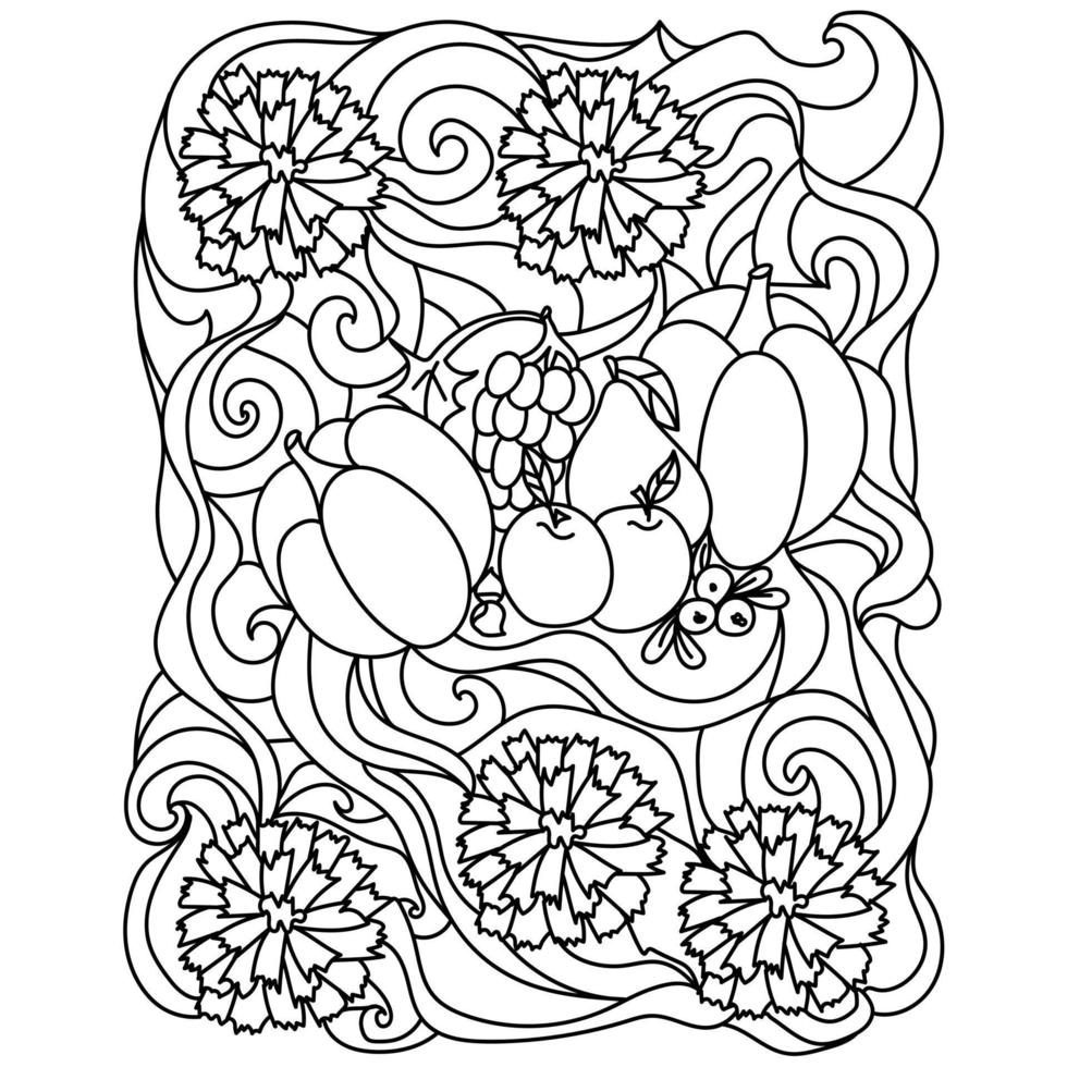 Thanksgiving coloring page, chrysanthemums and harvest with ornate patterns vector