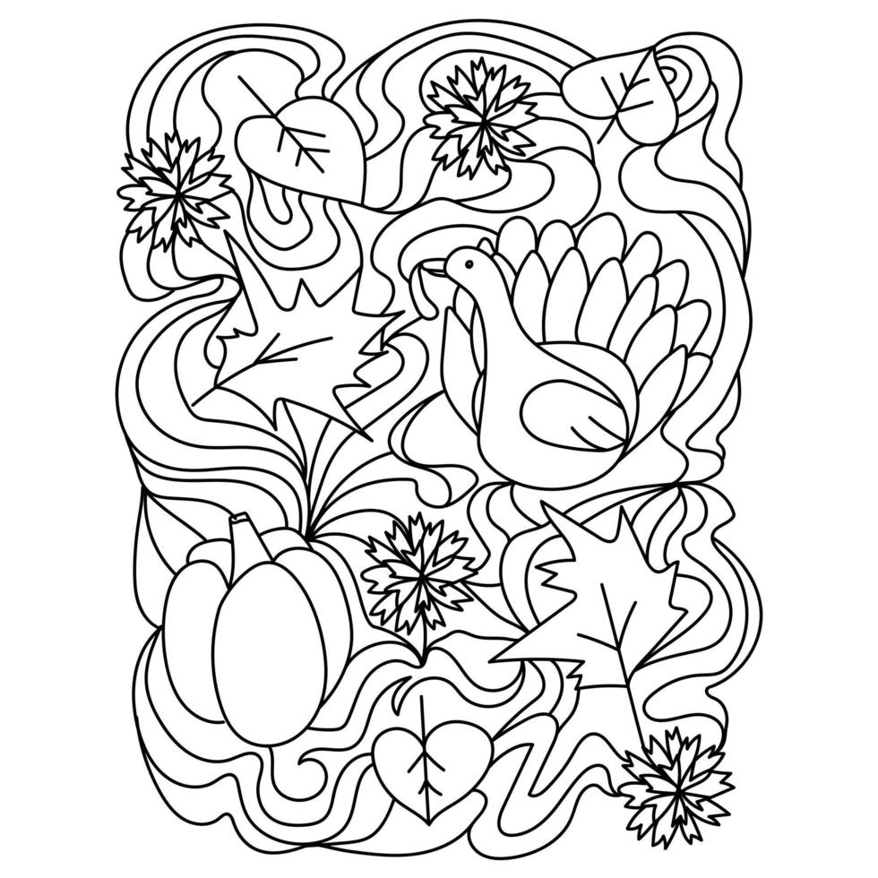 Página para colorear de acción de gracias, pavo, calabaza y flores con patrones ornamentados vector