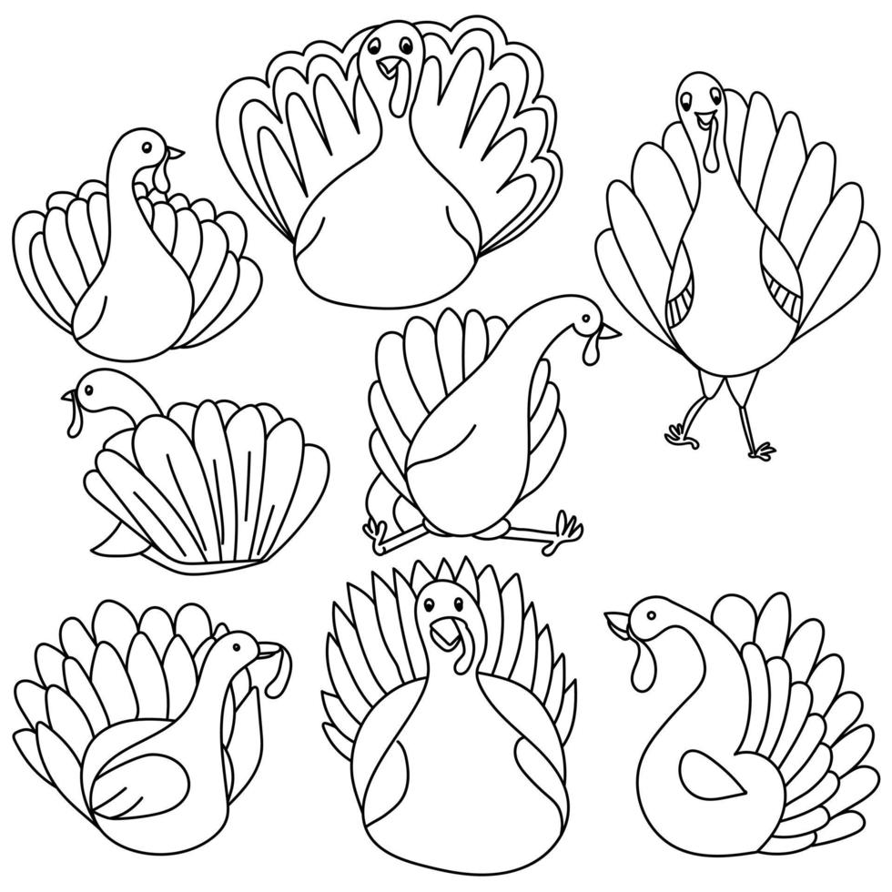 Set of outline turkeys, farm birds in doodle style for coloring pages or design vector