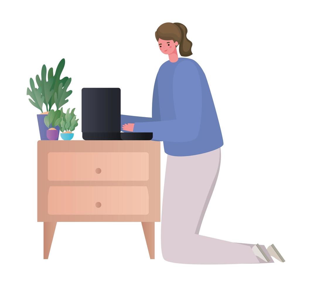 Mujer con laptop en diseño de vector de trabajo de muebles