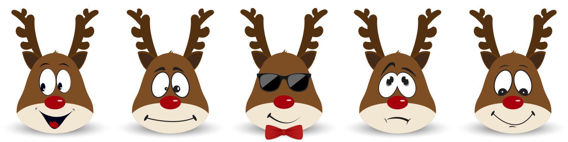 feliz año nuevo y feliz navidad conjunto de divertidos y emocionales ciervos navideños vector