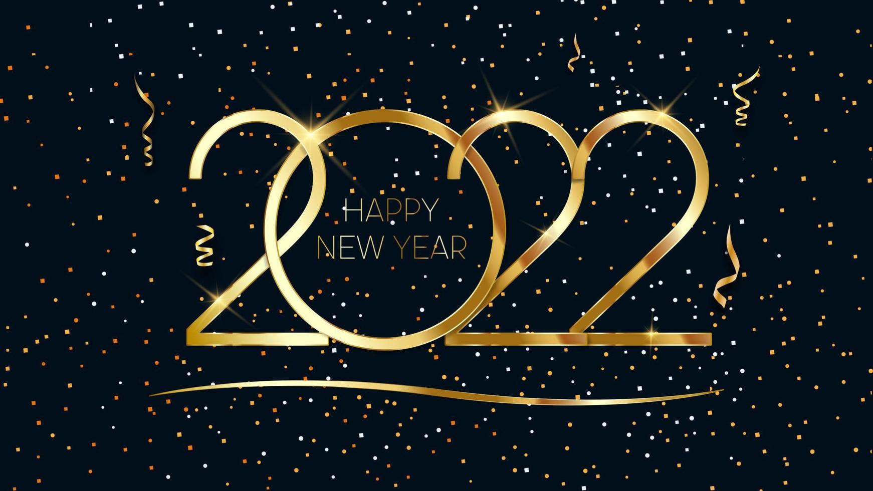 Happy New Year 2022. Elegant gold text with light. Vector illustration.