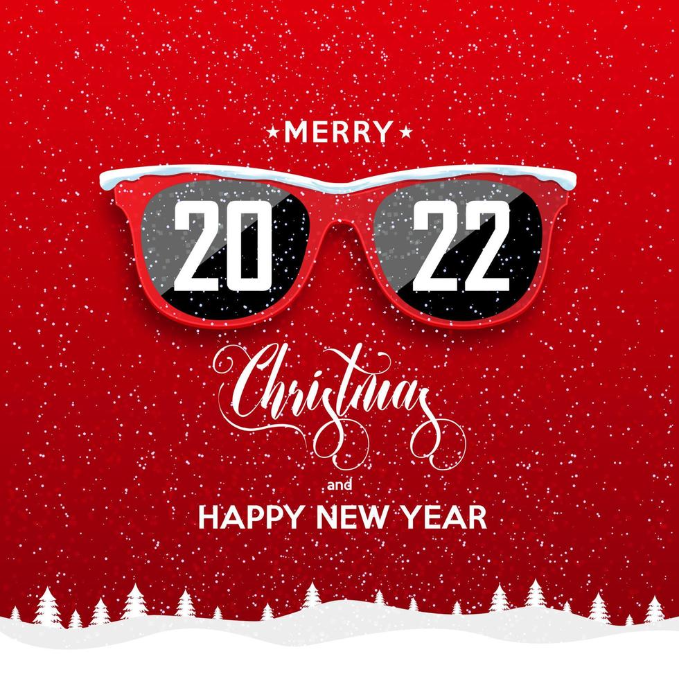 Red hipster glasses on snowfall background. 2022 Happy New Year and Merry Christmas landscape. vector