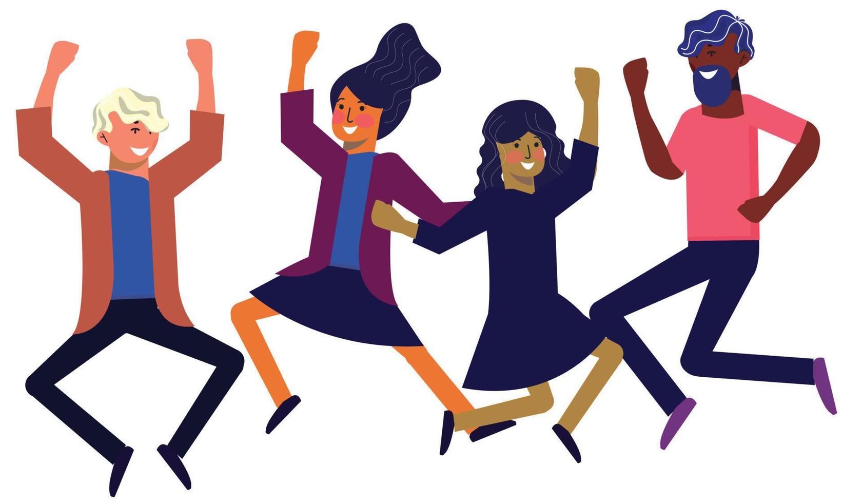 Happy people of different ethnicity dance and jump for joy. The concept of peace, love and happiness to be a woman. Vector illustration on white background
