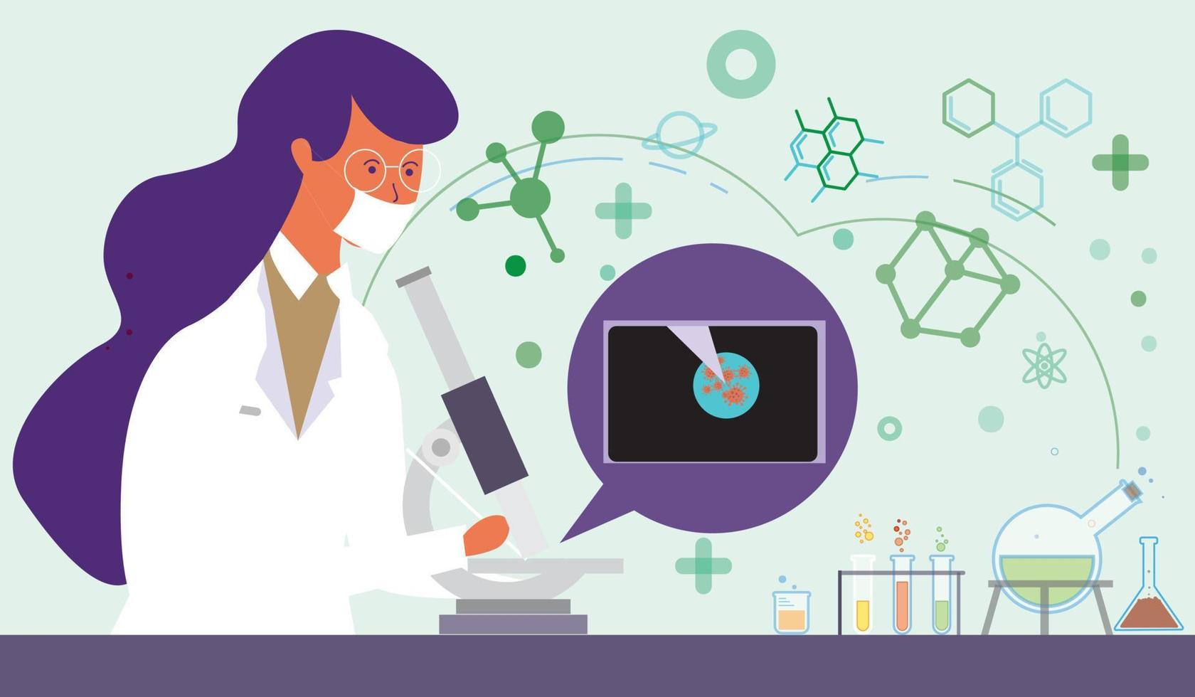 Scientist at work, male character conducting experiments with microscope. Vector illustration in flat style