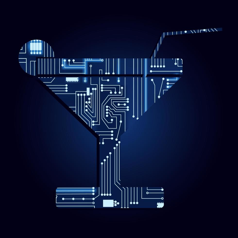 símbolo de bebida con un circuito electrónico tecnológico. fondo azul. vector