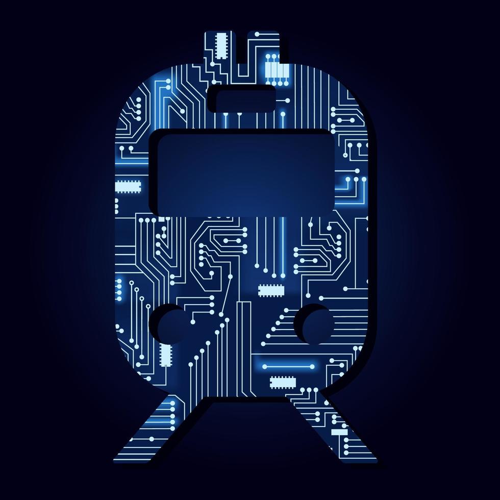 Train symbol with a technological electronics circuit. Blue background. vector