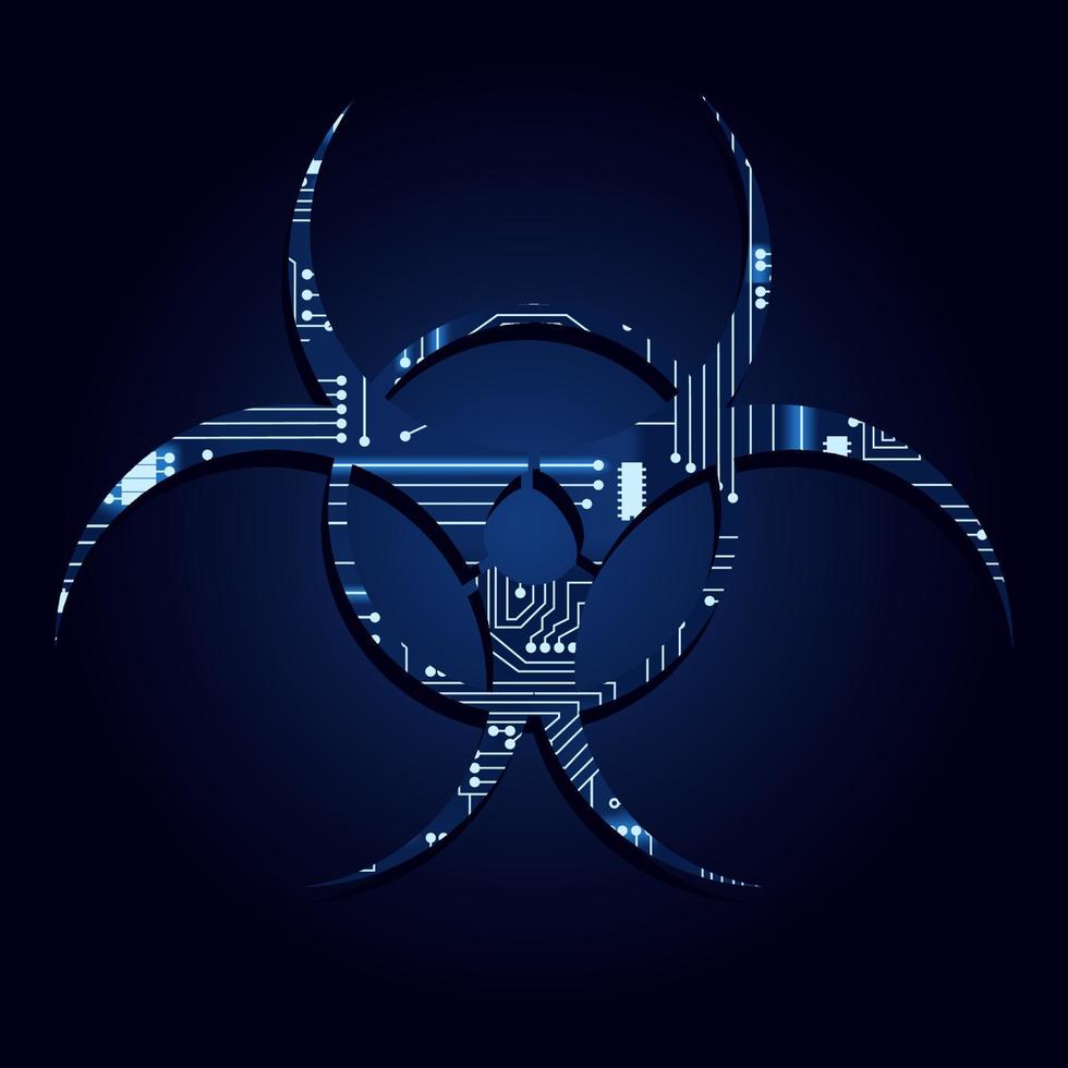 Biohazard symbol with a technological electronics circuit. Blue background. vector