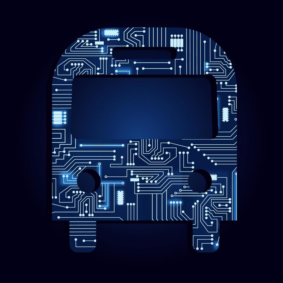 símbolo de autobús utilizado en la señal de tráfico con un circuito electrónico tecnológico. fondo azul. vector