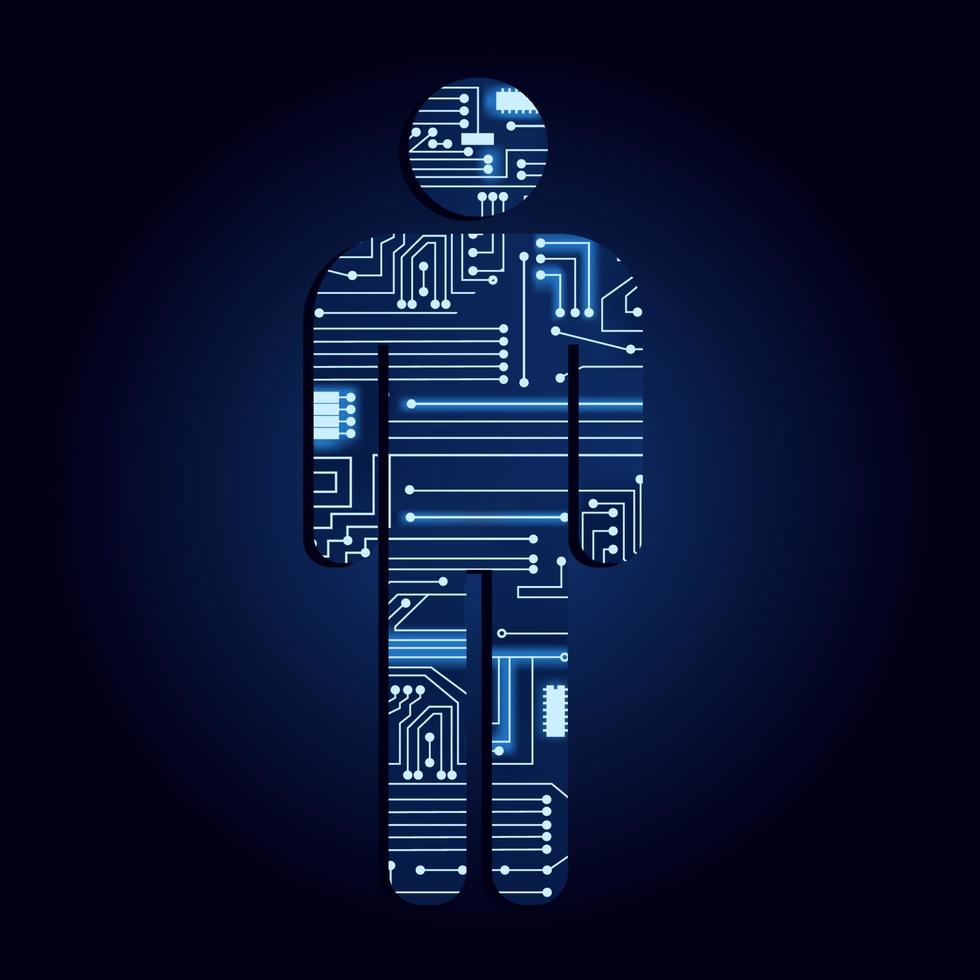 Man symbol with a technological electronics circuit. Blue background. vector