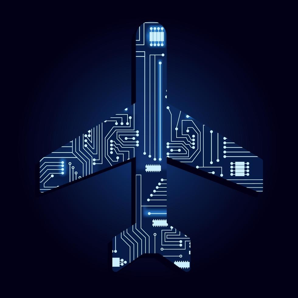 símbolo de avión con un circuito de electrónica tecnológica. fondo azul. vector