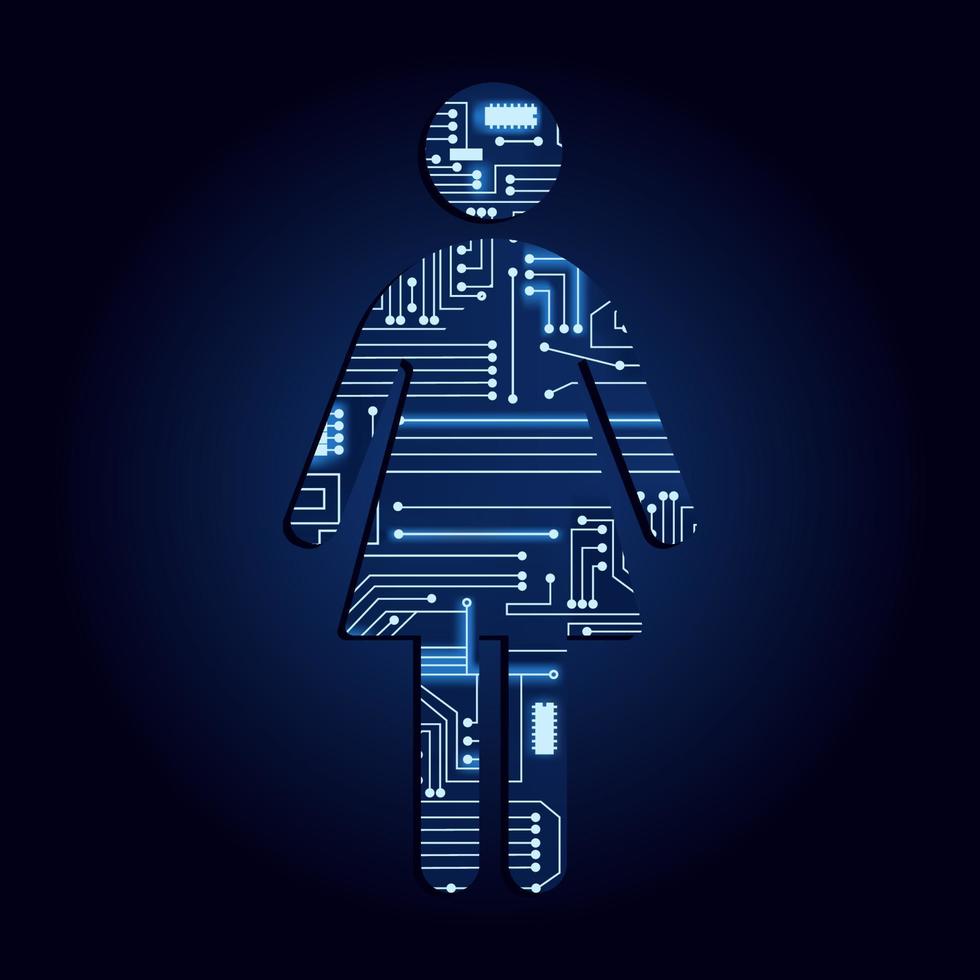 Female symbol with a technological electronics circuit. Blue background. vector