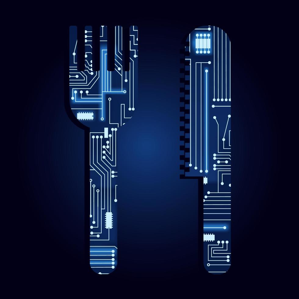 símbolo de cuchillo y tenedor con un circuito electrónico tecnológico. fondo azul. vector