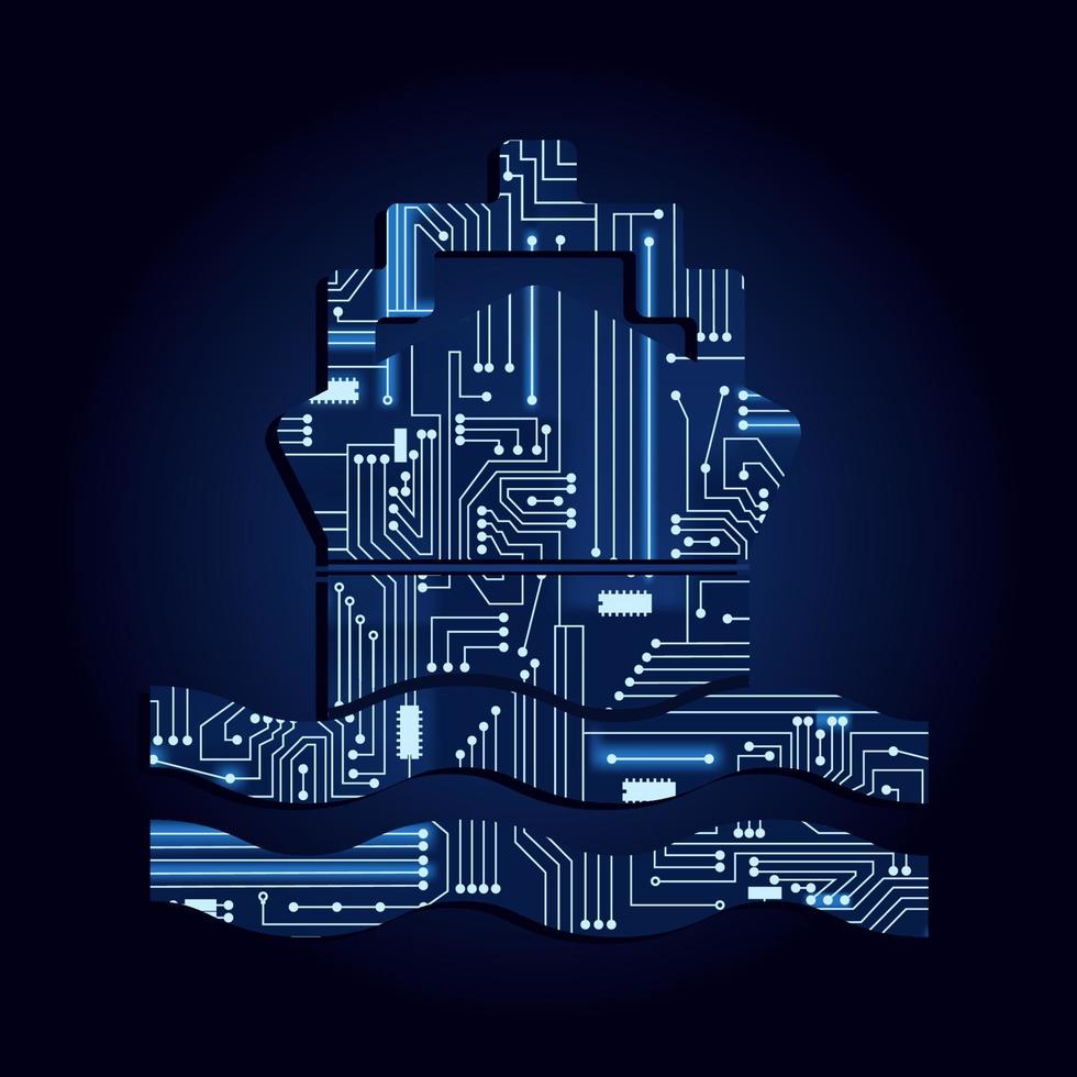 Ship symbol with a technological electronics circuit. Blue background. vector