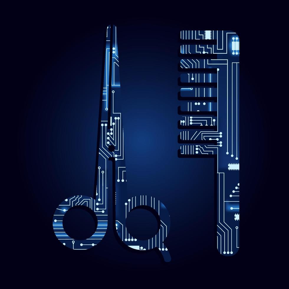 Símbolo de tijeras y peine con un circuito electrónico tecnológico. fondo azul. vector