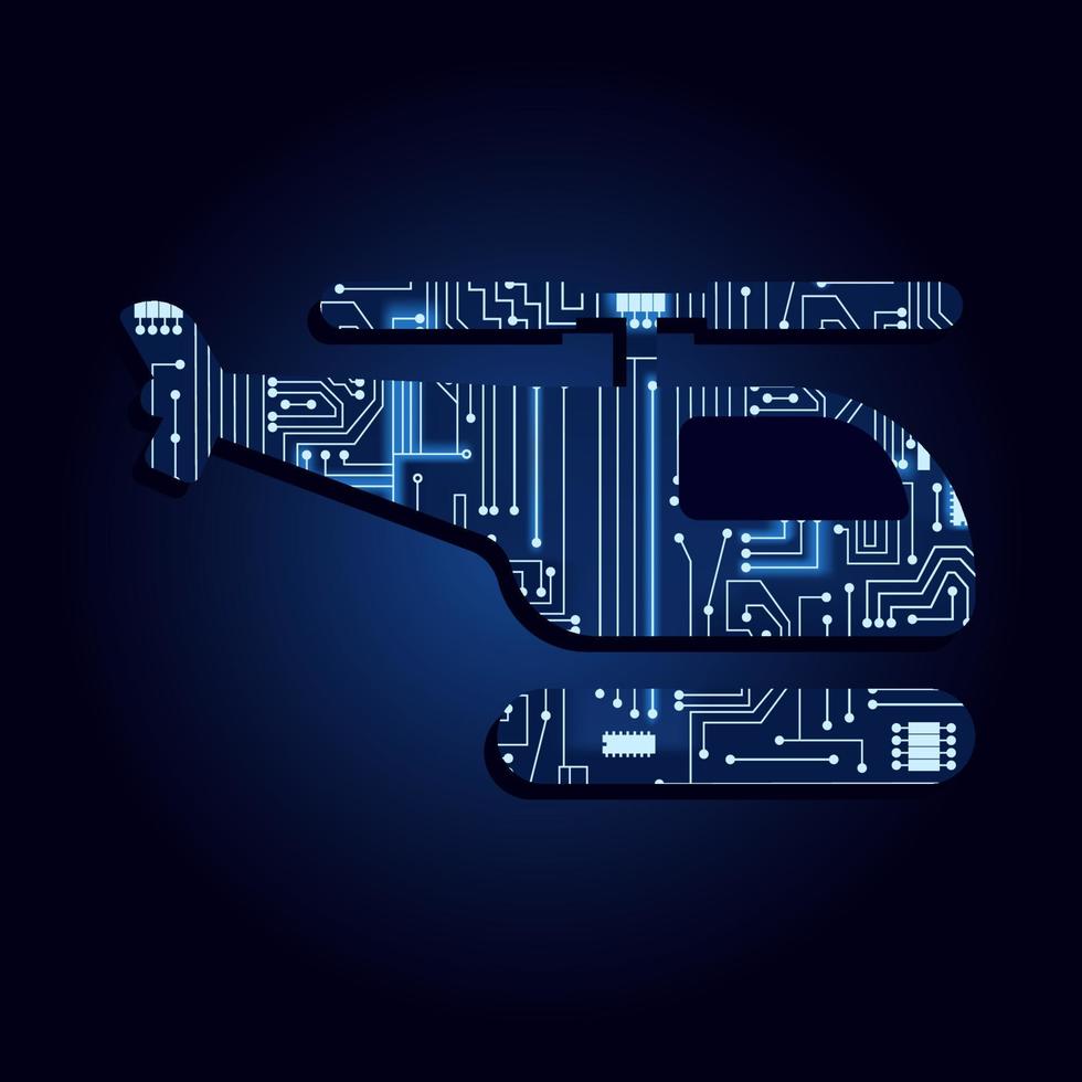 símbolo de helicóptero con un circuito de electrónica tecnológica. fondo azul. vector