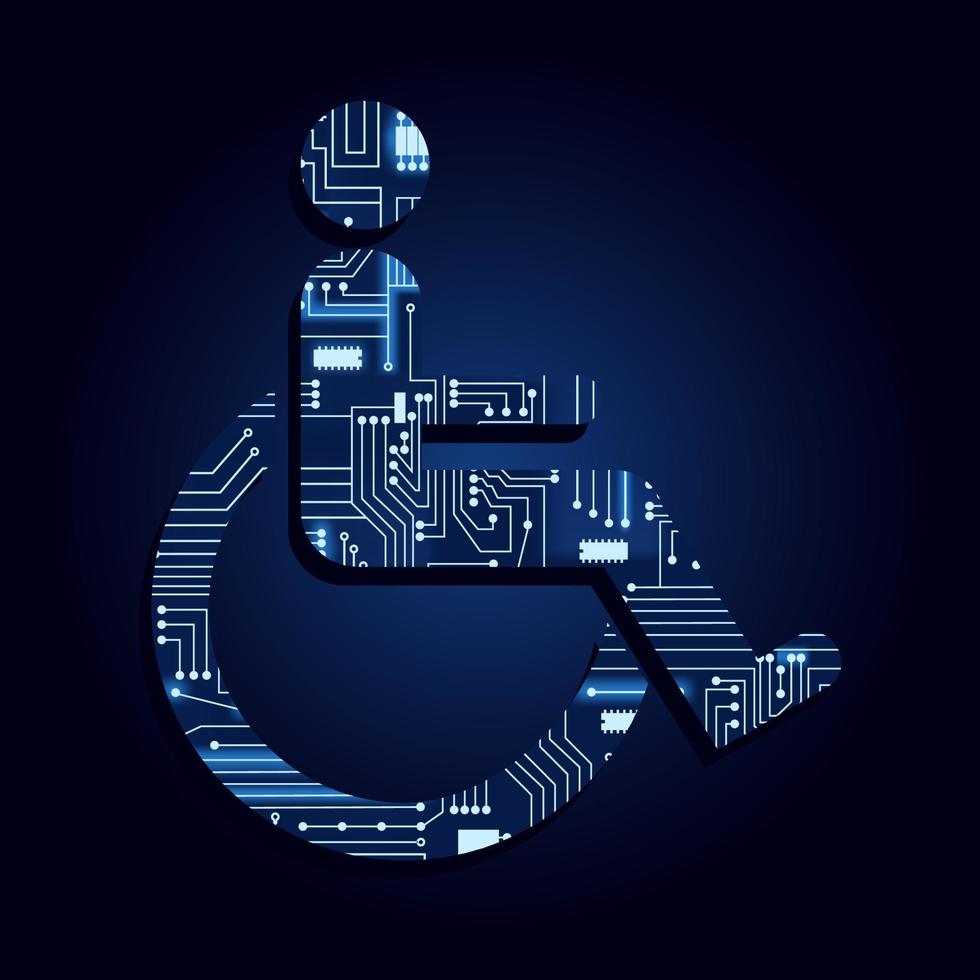 Wheelchair user symbol with a technological electronics circuit. Blue background. vector