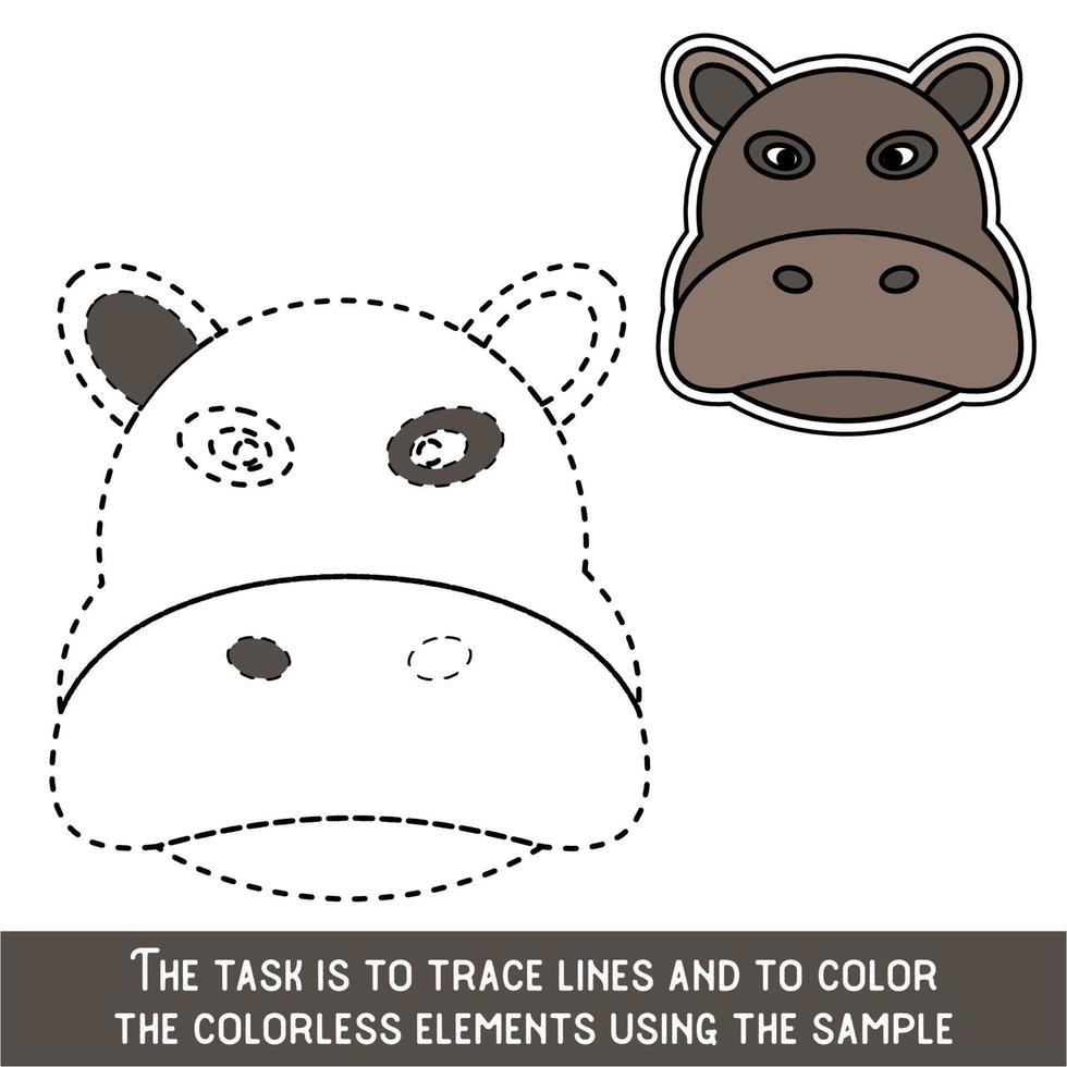 Color Hippopotamus Face. Restore dashed lines. Color the picture elements. Page to be color fragments. vector