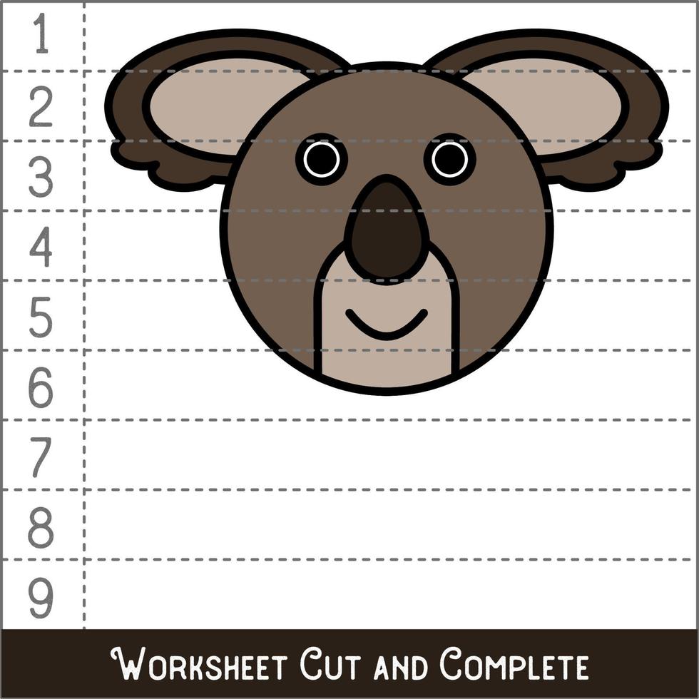Worksheet. Game for kids, children. Math Puzzles. Cut and complete. Learning mathematics. Koala Face. vector