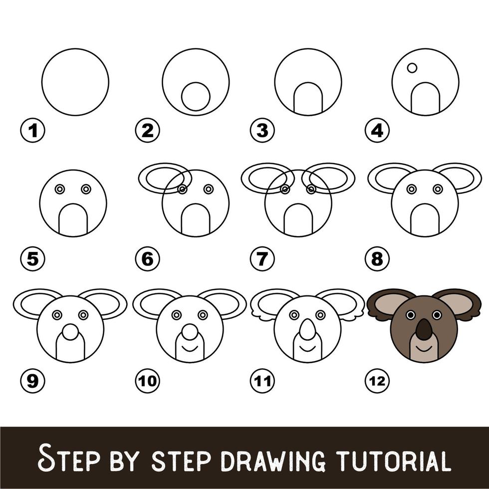 juego para niños para desarrollar habilidades de dibujo con un nivel de juego fácil para niños en edad preescolar, tutorial educativo de dibujo para la cara de koala. vector