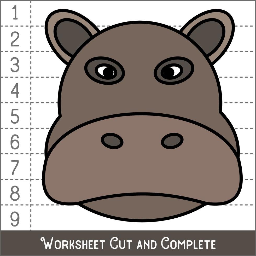 Worksheet. Game for kids, children. Math Puzzles. Cut and complete. Learning mathematics. Hippopotamus Face. vector