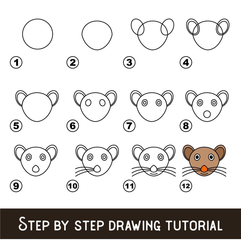 juego para niños para desarrollar habilidades de dibujo con un nivel de juego fácil para niños en edad preescolar, tutorial educativo de dibujo para la cara del mouse. vector
