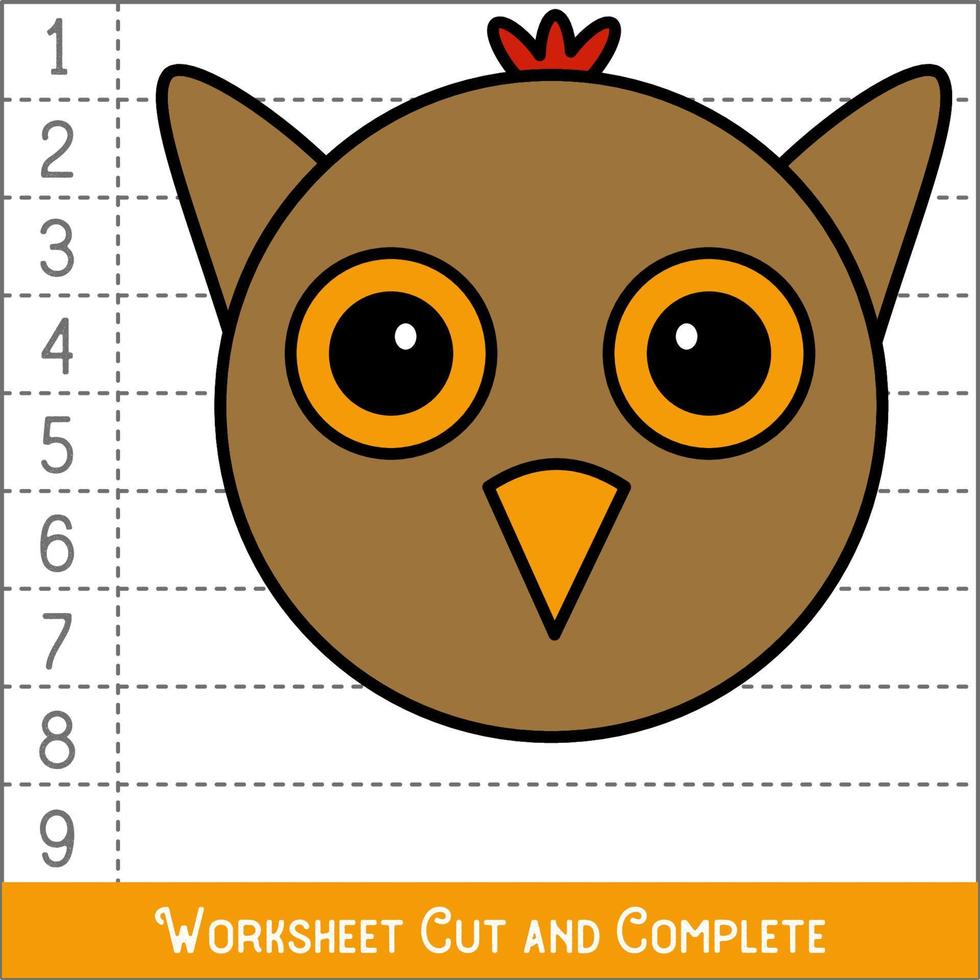 Worksheet. Game for kids, children. Math Puzzles. Cut and complete. Learning mathematics. Owl Face. vector