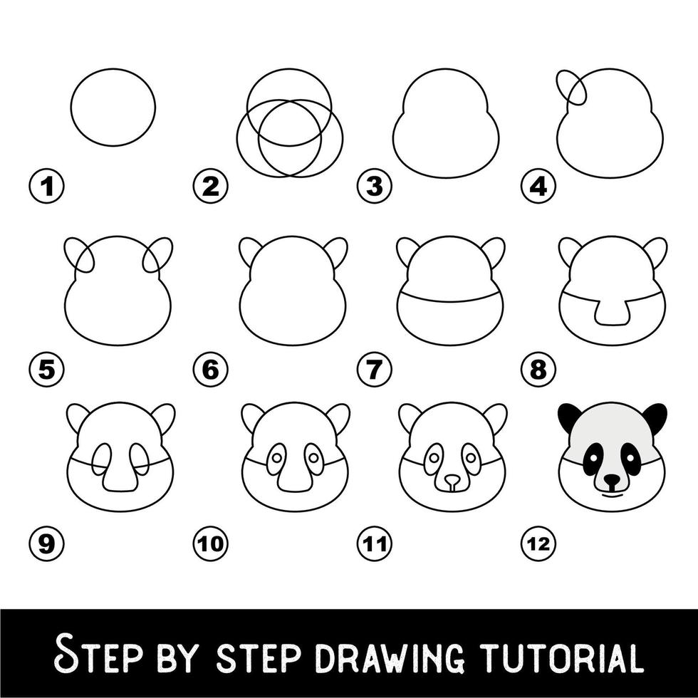 juego para niños para desarrollar habilidades de dibujo con un nivel de juego fácil para niños en edad preescolar, tutorial educativo de dibujo para cara de panda. vector