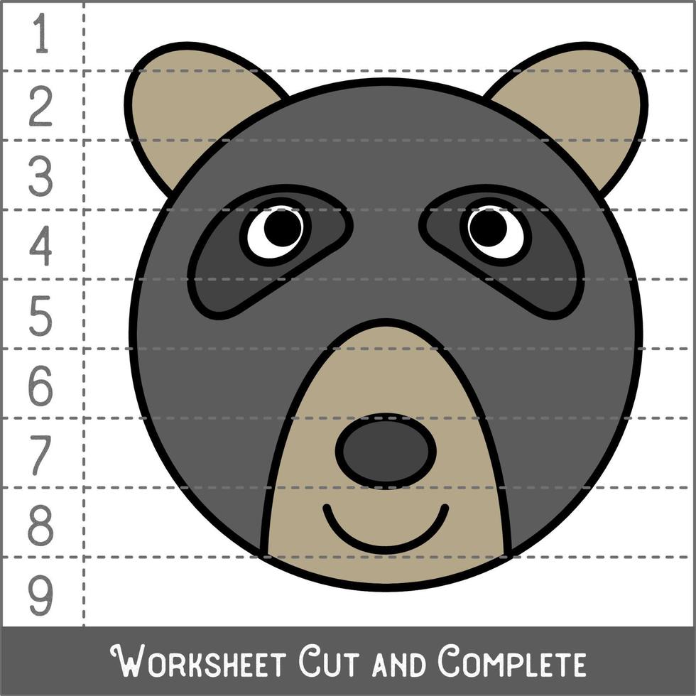 Worksheet. Game for kids, children. Math Puzzles. Cut and complete. Learning mathematics. Bear Face. vector