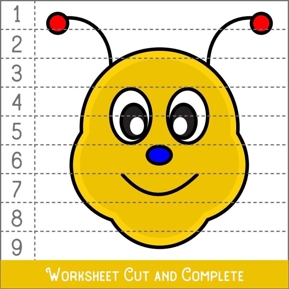 Worksheet. Game for kids, children. Math Puzzles. Cut and complete. Learning mathematics. Bee Face. vector