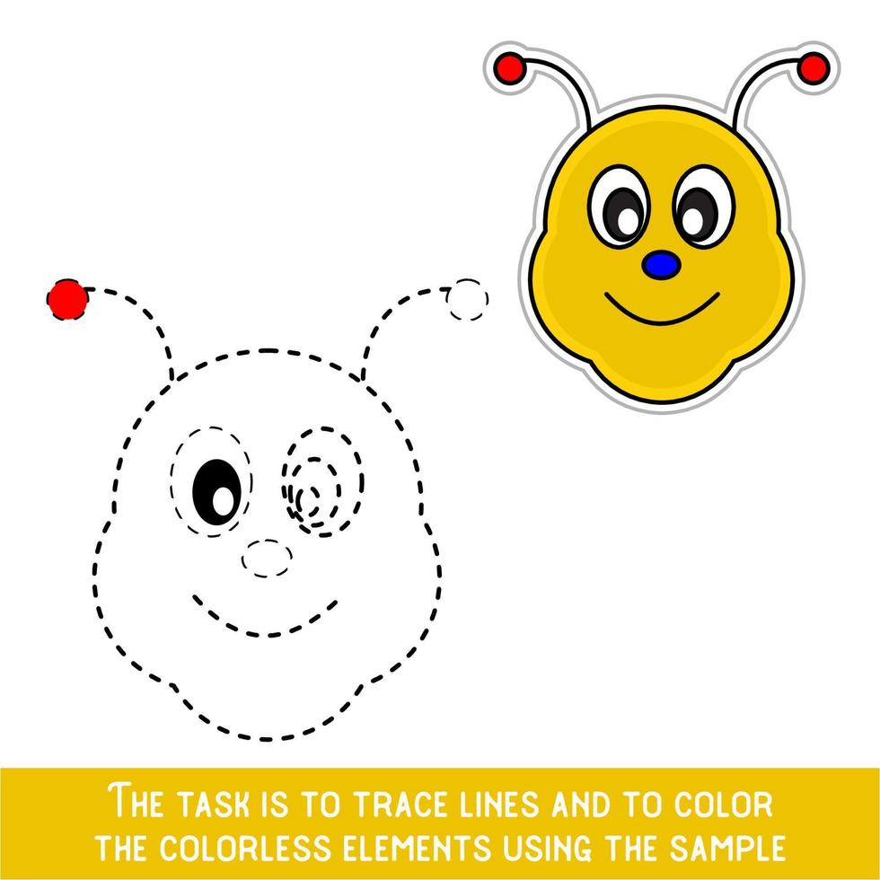 Color Bee Face. Restore dashed lines. Color the picture elements. Page to be color fragments. vector