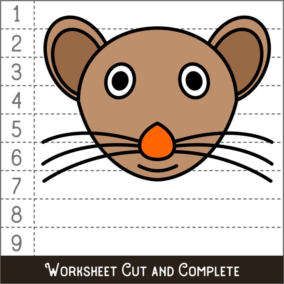 Worksheet. Game for kids, children. Math Puzzles. Cut and complete. Learning mathematics. Mouse Face. vector